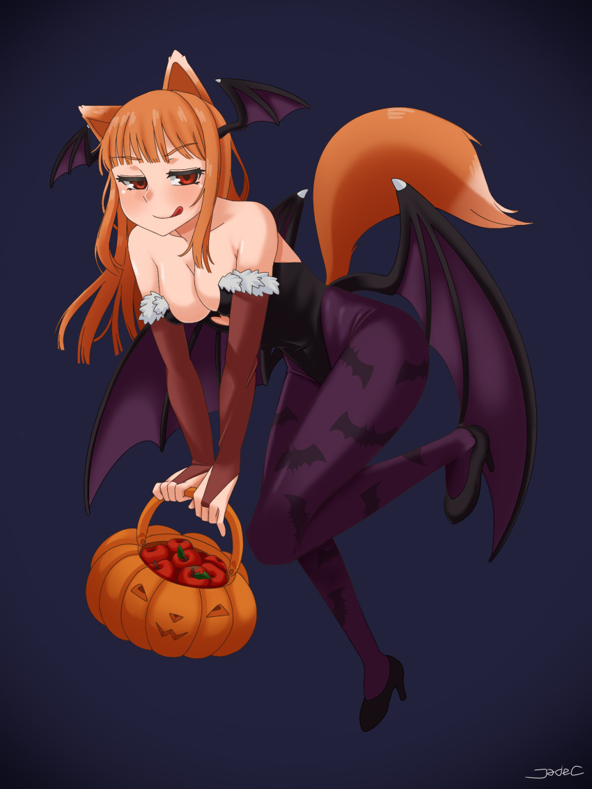 1girl :q animal_ears animal_print apple bare_shoulders bat_print black_footwear black_leotard blue_background blunt_bangs blunt_ends blush breasts bridal_gauntlets brown_hair cleavage closed_mouth collarbone commentary cosplay covered_navel curvy demon_wings fake_wings food foot_up fruit full_body groin halloween halloween_costume head_wings high_heels highleg highleg_leotard highres holding holding_food holding_pumpkin holding_vegetable holo jack-o'-lantern jadec jitome leaning_forward leotard long_hair looking_at_viewer medium_breasts morrigan_aensland morrigan_aensland_(cosplay) pantyhose print_pantyhose pumpkin purple_pantyhose red_eyes sidelocks signature simple_background smile solo spice_and_wolf standing standing_on_one_leg strapless strapless_leotard tail tongue tongue_out v-shaped_eyebrows vegetable vignetting wings wolf_ears wolf_girl wolf_tail