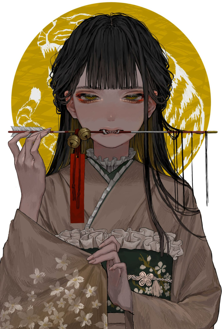 1girl arrow_(projectile) arrow_in_mouth bangs bell black_hair blush brown_eyes brown_hair brown_kimono colored_inner_hair commentary_request fangs floral_print hand_up highres japanese_clothes jingle_bell kimono long_hair long_sleeves looking_at_viewer mouth_hold multicolored_hair obi original sash simple_background solo tayumeru upper_body