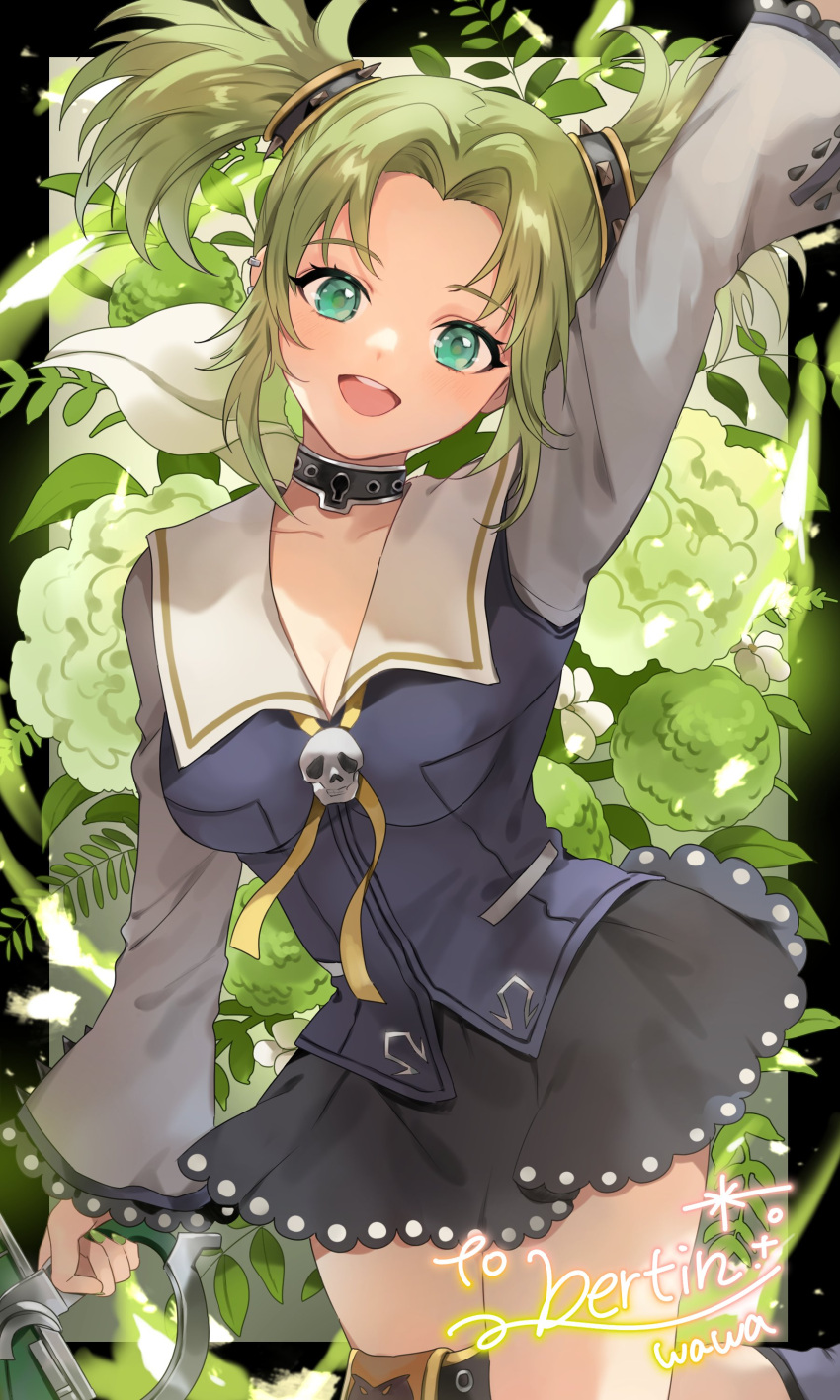 1girl absurdres artist_name breasts choker commission droite_(tales) flower green_eyes green_hair hair_rings happy highres holding holding_weapon medium_breasts open_mouth plant short_hair signature skirt skull_brooch smile solo sword tales_of_(series) tales_of_vesperia thigh_ring twintails wawatiku weapon
