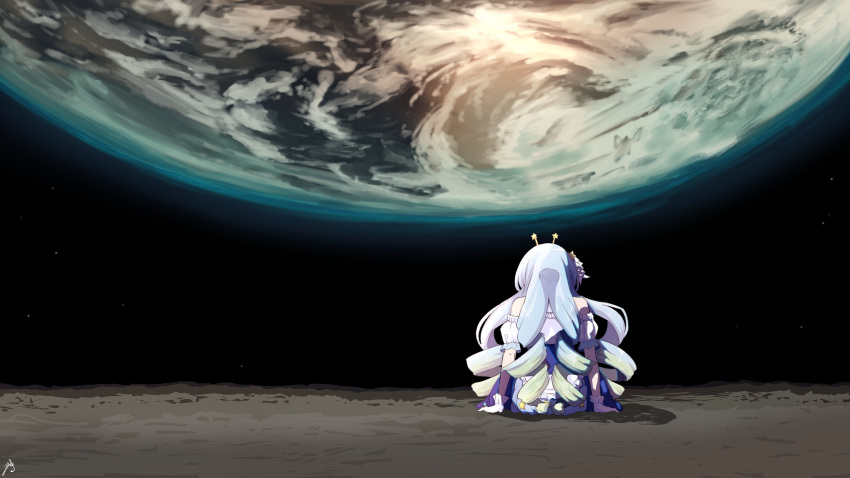 1girl blonde_hair blue_dress blue_hair cloud dress drill_hair earth_(planet) from_behind gloves gradient_hair highres jelly_hoshiumi long_hair moon multicolored_hair not_ashes phase_connect planet quad_drills sitting solo space virtual_youtuber white_gloves