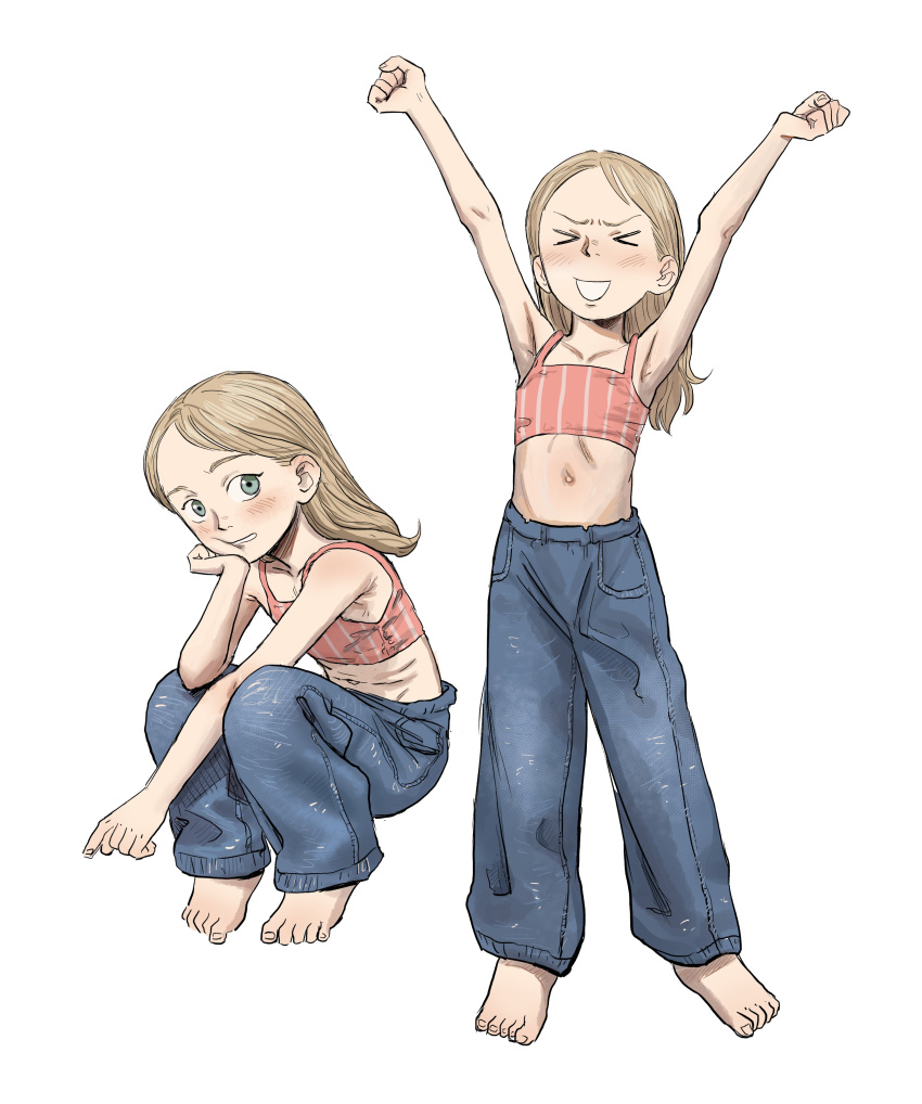 &gt;_&lt; 1girl absurdres ann_(pokoro) armpits arms_up bare_arms bare_shoulders barefoot blonde_hair blue_pants blush camisole child commentary crop_top denim english_commentary forehead full_body grey_eyes hand_on_own_chin head_rest highres jeans looking_at_viewer medium_hair midriff multiple_views navel original outstretched_arms paid_reward_available pants pokoro red_camisole simple_background sitting standing v-shaped_eyebrows white_background