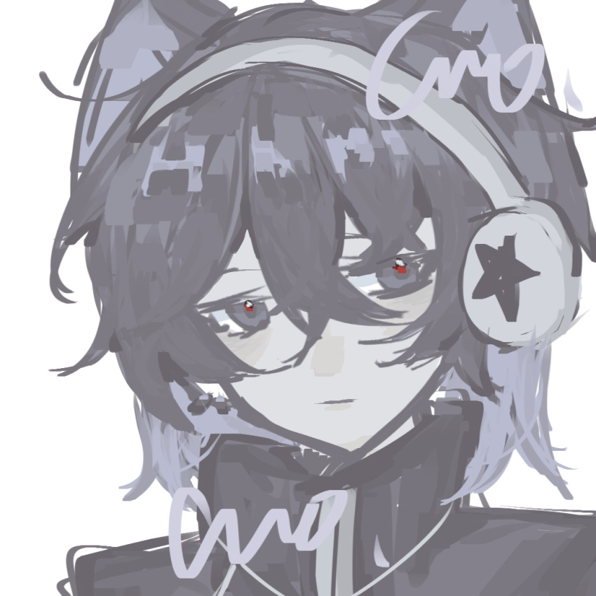 1boy animal_ears bad_bcy_id bad_id black_eyes black_hair black_jacket cat_ears closed_mouth collared_jacket crosley expressionless grey_headphones hair_between_eyes hair_ornament high_collar jacket looking_at_viewer original red_pupils short_hair simple_background solo star_(symbol) star_print upper_body white_background