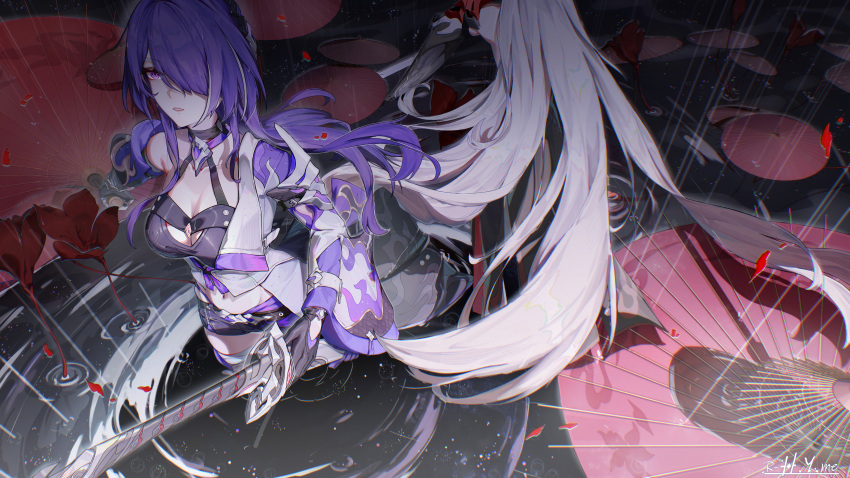 1girl absurdres acheron_(honkai:_star_rail) black_choker black_gloves black_shorts breasts chain choker cleavage coat coattails detached_sleeves flower gloves hair_over_one_eye hanayabaka highres honkai:_star_rail honkai_(series) leg_tattoo long_hair midriff multicolored_hair navel oil-paper_umbrella partially_submerged purple_eyes purple_hair rain red_flower red_umbrella ripples scabbard sheath sheathed short_shorts shorts single_bare_shoulder stomach streaked_hair sword tattoo umbrella weapon white_coat white_hair