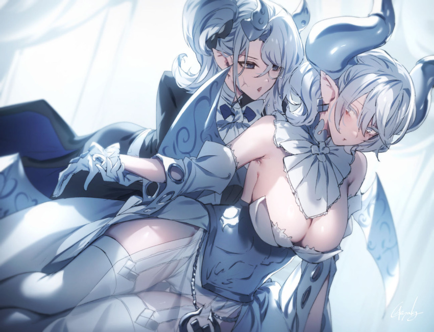 2girls arias_the_labrynth_butler breasts butler cleavage demon_girl demon_horns demon_wings dress duel_monster female_butler genyaky gloves grey_eyes grey_hair horns large_breasts leotard leotard_under_clothes long_hair lovely_labrynth_of_the_silver_castle low_wings monocle multiple_girls pointy_ears transparent_wings twintails white_hair white_horns wings yu-gi-oh!