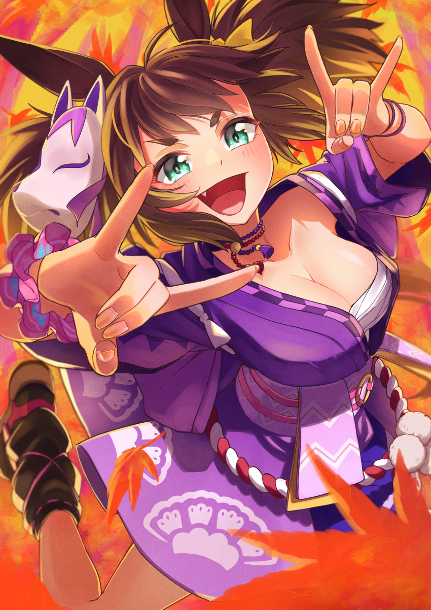 1girl absurdres animal_ears aqua_eyes black_socks bow breasts brown_hair chest_sarashi cleavage commentary_request cowboy_shot double_fox_shadow_puppet fang fox_mask fox_shadow_puppet freely2327 green_eyes hair_bow hand_up highres horse_ears horse_girl inari_one_(umamusume) japanese_clothes jewelry kimono light_blush looking_at_viewer mask mask_on_head medium_breasts necklace one_eye_closed open_mouth purple_kimono purple_scrunchie sarashi scrunchie short_hair smile socks solo thick_eyebrows twintails umamusume wrist_scrunchie