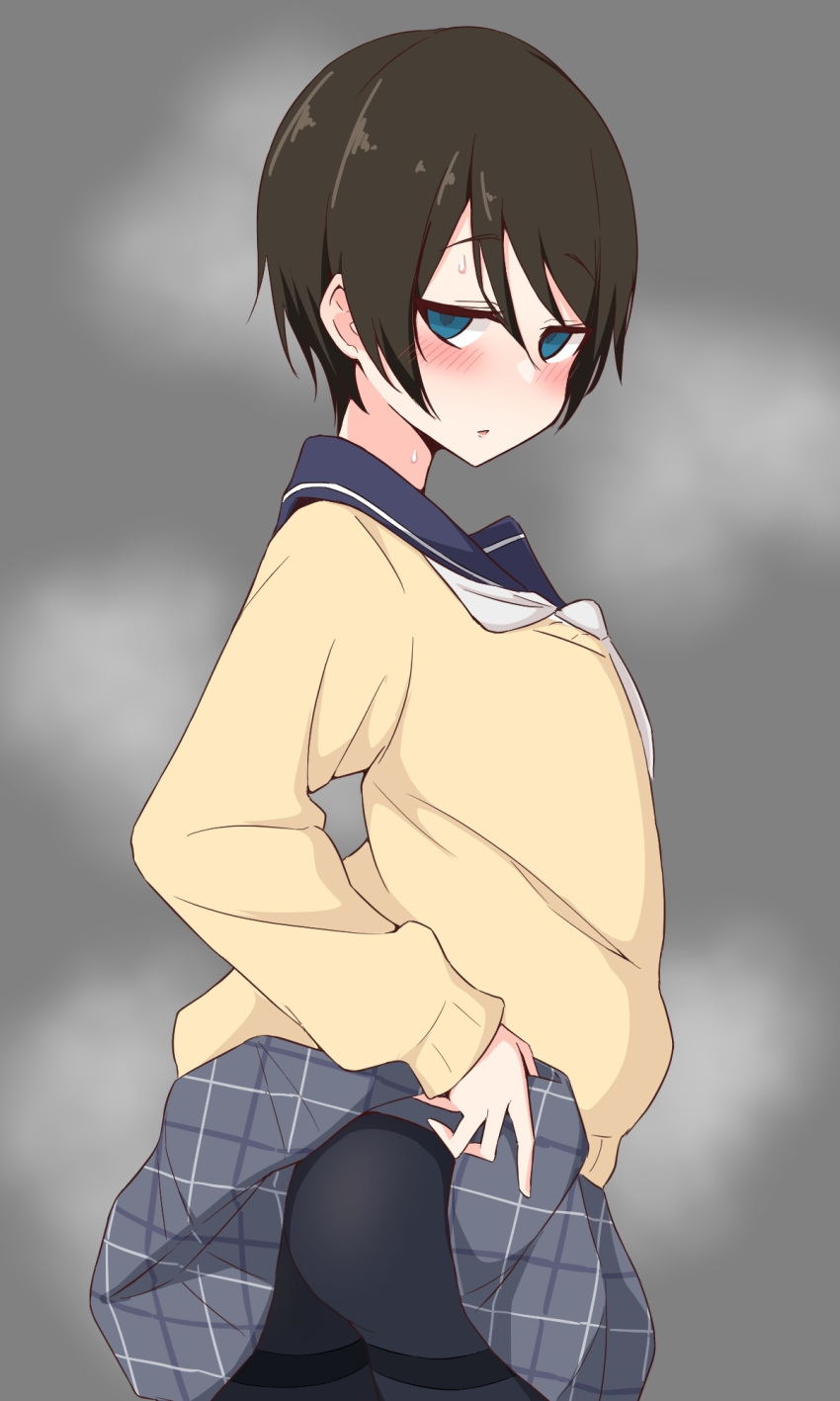 1girl ame_(amechan17391739) ass black_pantyhose blue_eyes blush brown_hair cardigan clothes_lift grey_background highres pantyhose saitou_ena school_uniform serafuku short_hair simple_background skirt skirt_lift steam steaming_body sweat yurucamp