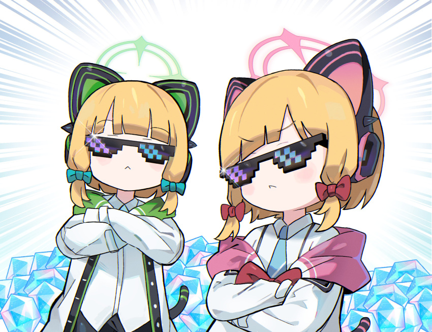 2girls animal_ear_headphones animal_ears blonde_hair blue_archive blue_bow blue_necktie blunt_bangs bow cat_ear_headphones closed_mouth commentary cowboy_shot crossed_arms facing_viewer fake_animal_ears green_halo halo headphones highres jacket long_sleeves low-tied_sidelocks midori_(blue_archive) momoi_(blue_archive) morizo_(morizoshop) multiple_girls necktie pink_halo pyroxene_(blue_archive) red_bow shirt short_hair siblings sleeves_past_wrists twins white_jacket white_shirt