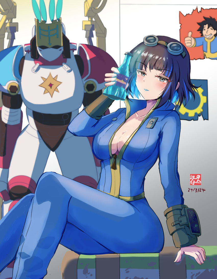 1girl absurdres black_hair blue_bodysuit blue_hair bodysuit breasts cleavage colored_inner_hair fallout_(series) fallout_4 fate/grand_order fate_(series) fujimaru_ritsuka_(male) glass_bottle goggles goggles_on_head grey_eyes highres iron_samurai looking_at_viewer medium_breasts multicolored_hair pip_boy poster_(object) robot short_hair sidelocks sitting sole_survivor_(female) tenochtitlan_(fate) tenochtitlan_(first_ascension)_(fate) thighs vault_boy vault_suit