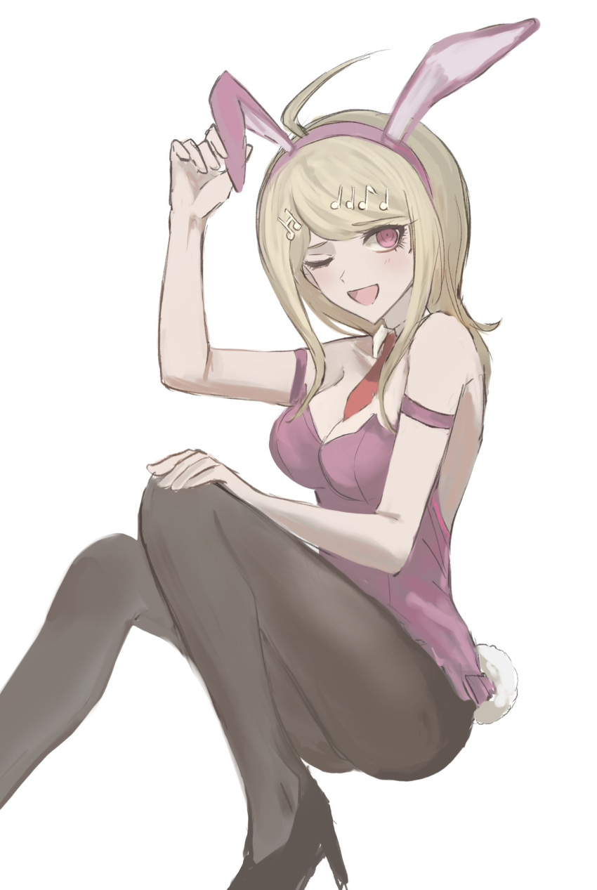 1girl ;d ahoge akamatsu_kaede animal_ears bare_shoulders black_pantyhose blonde_hair breasts cleavage danganronpa_(series) danganronpa_v3:_killing_harmony detached_collar fu_ga_(vivi912912) high_heels highres leotard long_hair necktie one_eye_closed open_mouth pantyhose pink_eyes pink_leotard rabbit_ears rabbit_tail red_necktie smile solo tail