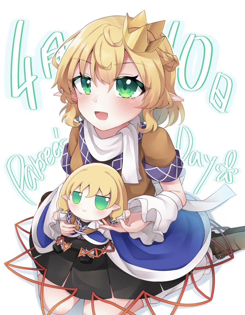 1girl :d arm_warmers black_skirt blonde_hair blush braid breasts brown_footwear brown_shirt character_doll commentary_request crown dated doll french_braid full_body fumo_(doll) green_eyes hair_between_eyes highres holding holding_doll looking_at_viewer medium_bangs mizuhashi_parsee open_mouth parsee_day pointy_ears scarf shirt shoes short_hair short_sleeves sitting skirt small_breasts smile solo takeno touhou wariza white_background white_scarf
