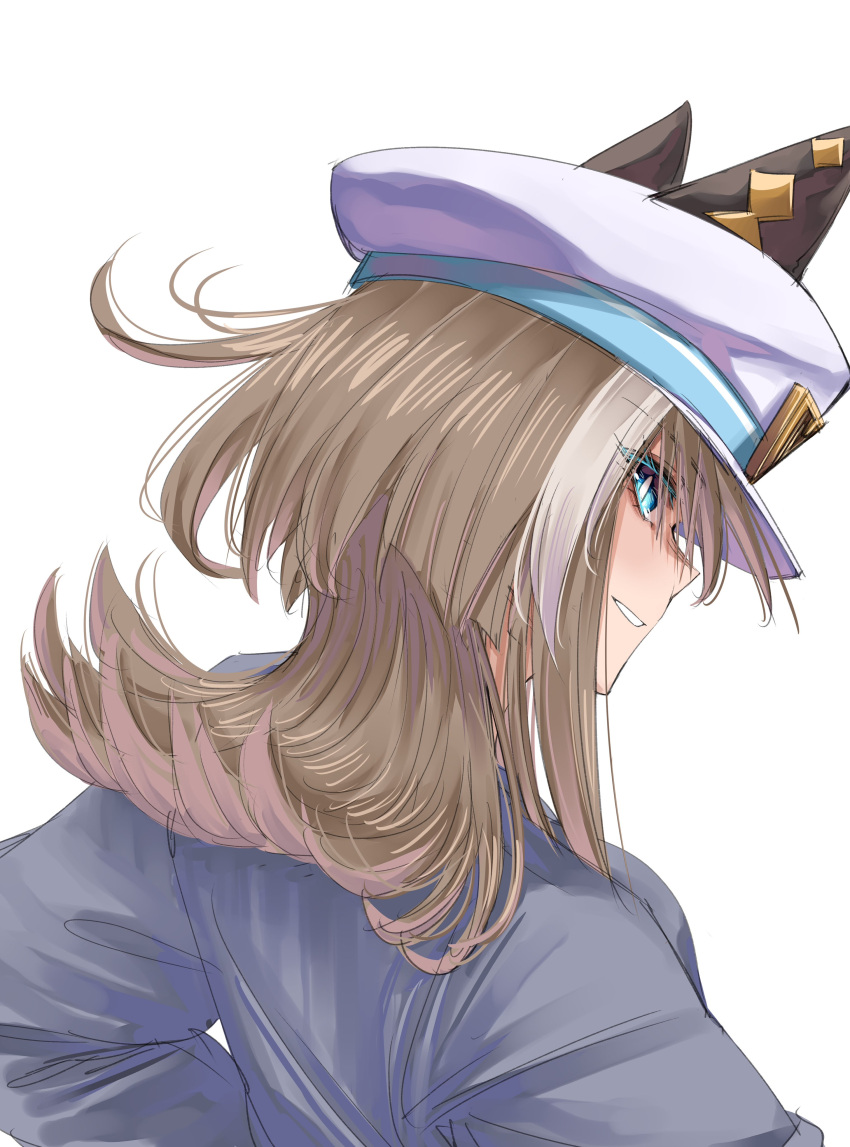 1girl absurdres alternate_costume alternate_hairstyle animal_ears blue_eyes brown_hair cheval_grand_(umamusume) commentary_request ear_covers from_behind grey_shirt hat hat_belt highres horse_ears horse_girl long_sleeves looking_at_viewer medium_hair multicolored_hair murderdoll1641 peaked_cap shirt simple_background smile solo streaked_hair umamusume white_background white_hair white_hat