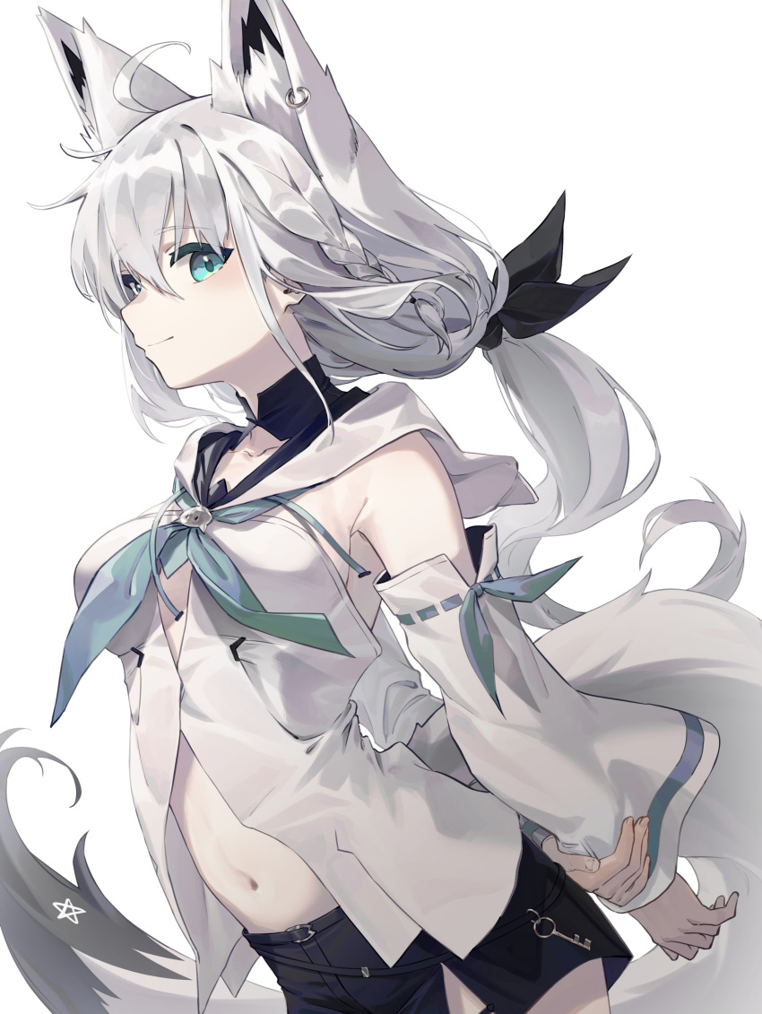 1girl absurdres ahoge animal_ear_fluff animal_ears arm_behind_back black_shorts blue_eyes blue_neckerchief breasts detached_sleeves fox_ears fox_girl fox_tail grey_hair highres hololive hood hoodie long_hair looking_at_viewer medium_breasts navel neckerchief shirakami_fubuki shirakami_fubuki_(1st_costume) shorts smile solo tail toga_(toganawa) virtual_youtuber white_hoodie white_sleeves