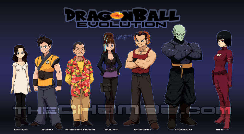 2013 3girls 4boys arms_behind_back belt black_eyes black_footwear black_hair black_pants black_sclera blue_eyes breasts brown_footwear brown_hair brown_pants bulma chamba chi-chi_(dragon_ball) cleavage cleavage_cutout clenched_hands closed_eyes closed_mouth clothing_cutout colored_sclera colored_skin crossed_arms dougi dragon_ball dragonball_evolution dress english_commentary english_text evil_grin evil_smile gloves green_skin grey_hair grin hands_on_own_hips hawaiian_shirt height_difference highres jewelry lineup logo long_hair long_sleeves mai_(dragon_ball) multicolored_hair multiple_boys multiple_girls muscular muscular_male muten_roushi necklace orange_belt pants piccolo pointy_ears purple_skirt red_gloves red_tank_top red_uniform shirt signature skirt smile smirk son_goku spiked_hair standing standing_at_attention streaked_hair tank_top toriyama_akira_(style) utility_belt watermark white_dress yamcha yellow_shirt