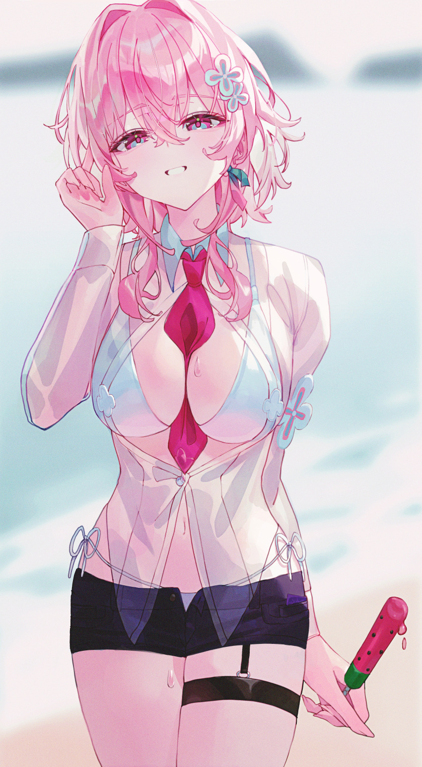 1girl absurdres beach black_shorts blurry blurry_background breasts day food highres honkai:_star_rail honkai_(series) indol large_breasts looking_at_viewer march_7th_(honkai:_star_rail) medium_hair navel ocean outdoors pink_eyes pink_hair popsicle sand shorts smile solo stomach