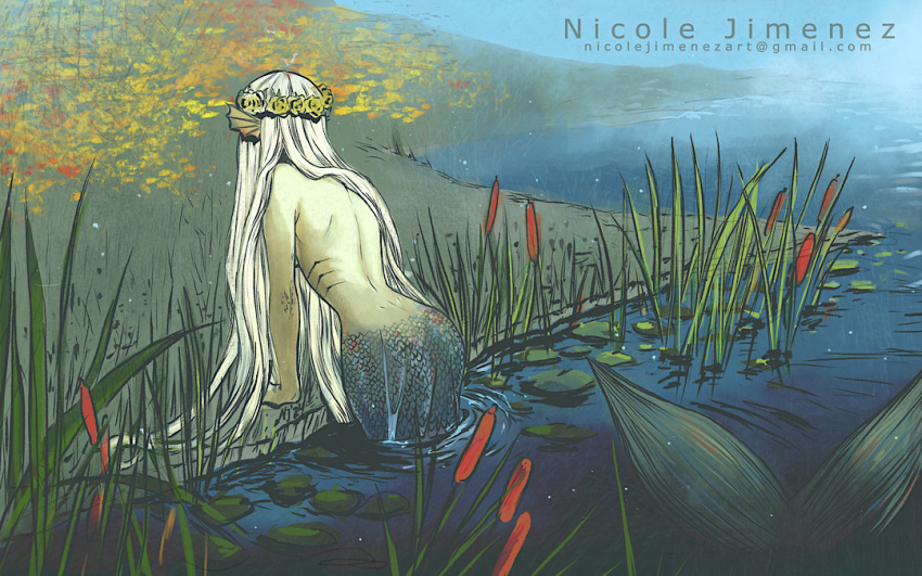 1girl artist_name cattail colored_skin commentary_request fins flower flower_wreath from_behind gills green_skin head_fins lake lily_pad long_hair mermaid monster_girl narrow_waist nicole_jimenez original plant solo topless very_long_hair web_address