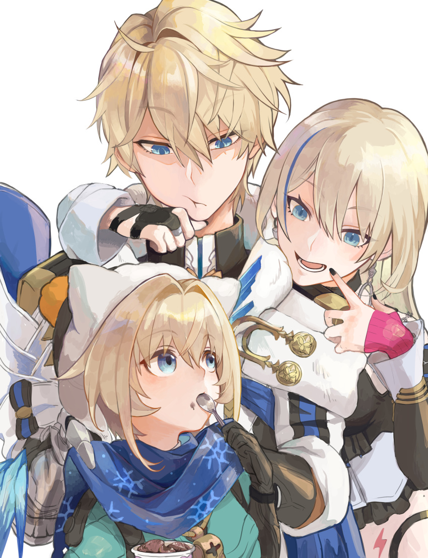 1boy 2girls :d :t absurdres black_gloves black_nails blonde_hair blue_eyes blue_hair blue_scarf brother_and_sister commentary gepard_landau gloves hair_intakes hat highres holding holding_spoon honkai:_star_rail honkai_(series) long_hair lynx_landau multicolored_hair multiple_girls nail_polish open_mouth scarf serval_landau short_hair siblings simple_background sisters smile spoon streaked_hair tsukushi_azu upper_body white_background