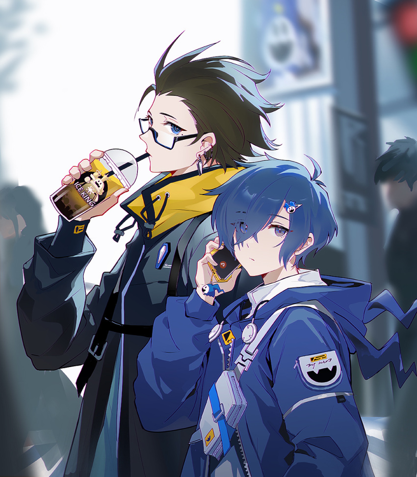 2boys black-framed_eyewear black_coat black_hair blue_coat blue_eyes blue_hair blurry blurry_background brown_hair bubble_tea coat drinking_straw earrings eyelashes from_side hair_between_eyes highres hood hood_down jack_frost_(megami_tensei) jewelry kaede1231 looking_at_viewer male_focus mochizuki_ryouji mole mole_under_eye multiple_boys outdoors persona persona_3 phone short_hair spiked_hair yuuki_makoto_(persona_3)