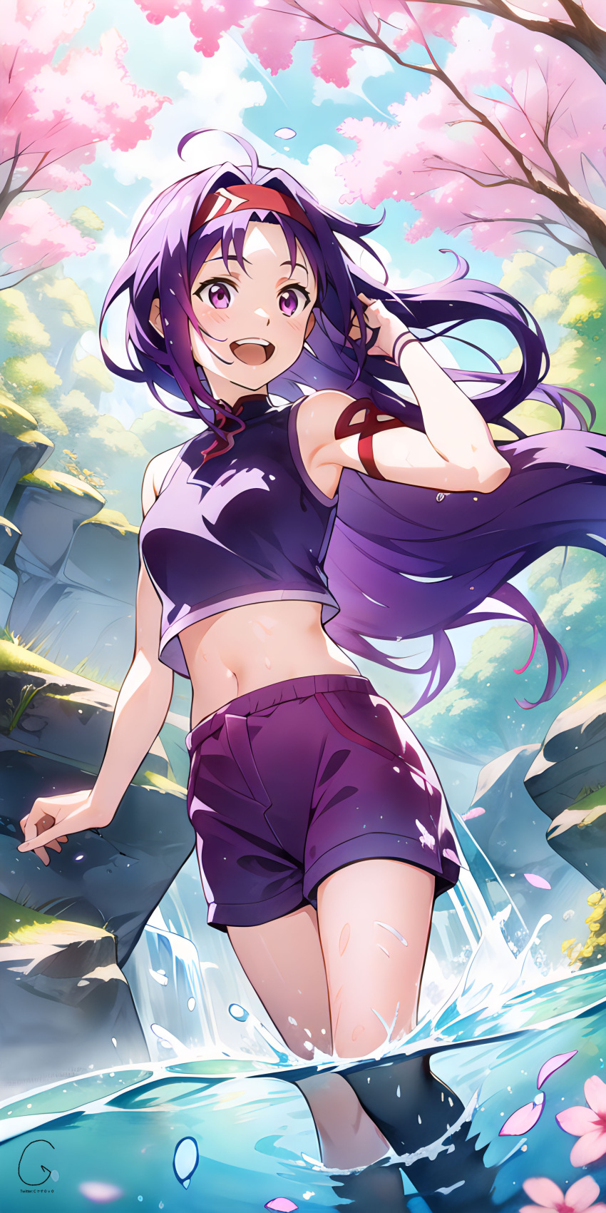 1girl absurdres ai-generated armpits blush cdesu cherry_blossoms commentary english_commentary highres long_hair midriff navel open_mouth painting_(medium) purple_hair purple_shorts red_eyes shorts sleeveless smile solo splashing sword_art_online traditional_media tree water watercolor_(medium) yuuki_(sao)