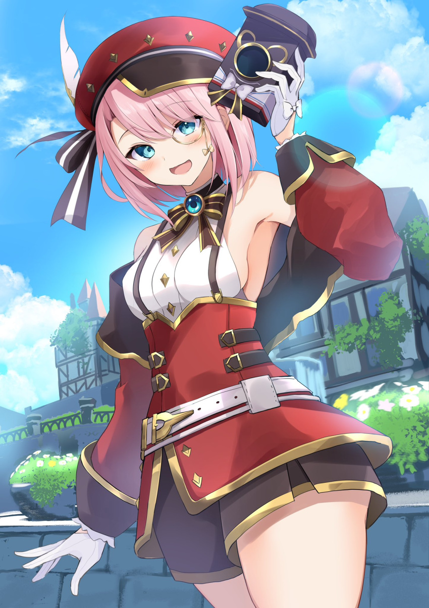 1girl :d arm_up bare_shoulders belt blue_eyes blue_sky brooch building cabbie_hat charlotte_(genshin_impact) cloud commentary_request cowboy_shot day genshin_impact gloves hat high-waist_skirt highres hyurasan jewelry long_sleeves miniskirt monocle open_mouth pink_hair red_hat red_skirt shirt short_hair skirt sky smile solo standing suspenders thighs white_belt white_gloves white_shirt