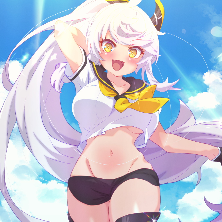 1girl arbiter1 arm_behind_head azur_lane black_gloves black_sailor_collar black_shorts breasts cloud crop_top fang gloves half_gloves high_ponytail highres large_breasts long_hair micro_shorts midriff navel neckerchief open_mouth purifier_(azur_lane) sailor_collar sailor_shirt shirt shorts siren_(azur_lane) skin_fang smile white_hair yellow_neckerchief