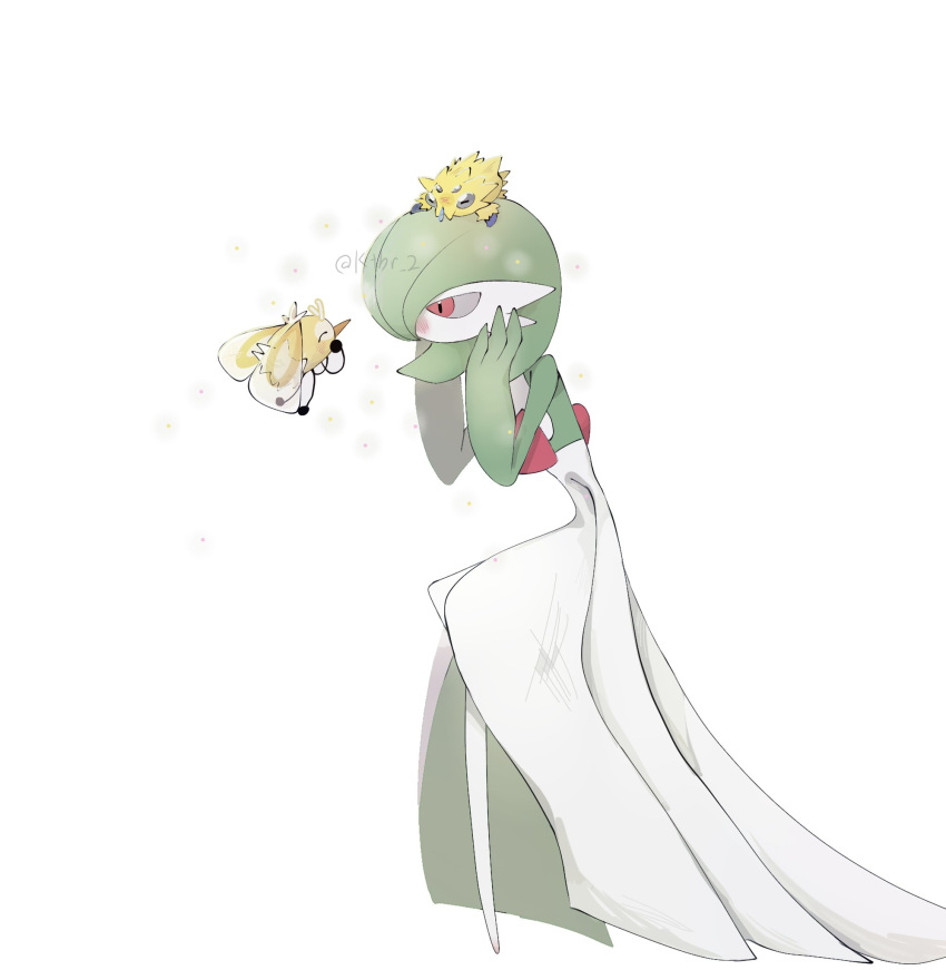 artist_name blue_eyes blush bob_cut bug closed_eyes colored_skin cutiefly dress gardevoir green_hair hands_on_own_cheeks hands_on_own_face highres joltik ktbr_2 multicolored_skin on_head pink_eyes pokemon pokemon_(creature) simple_background two-tone_skin white_background white_dress white_skin yellow_fur