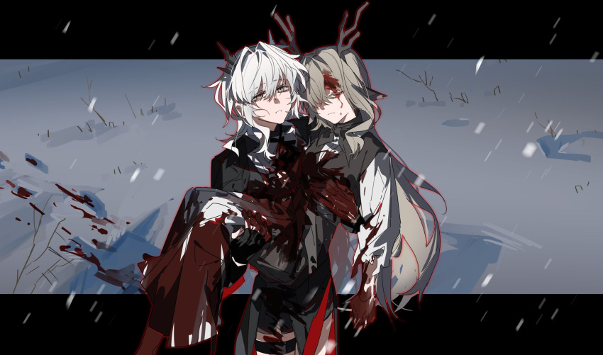 2girls alina_(arknights) animal_ears antlers arknights black_dress black_gloves black_jacket black_ribbon blood blood_on_clothes blood_on_face blood_on_hands blood_on_snow brown_hair carrying chinese_commentary closed_eyes closed_mouth commentary_request corpse deer_antlers deer_ears dress fingerless_gloves gloves grey_eyes grey_hair highres horns jacket letterboxed long_hair molu_stranger multiple_girls neck_ribbon outdoors outline parted_lips princess_carry red_outline ribbon shirt snow snowing talulah_(arknights) thigh_strap white_shirt