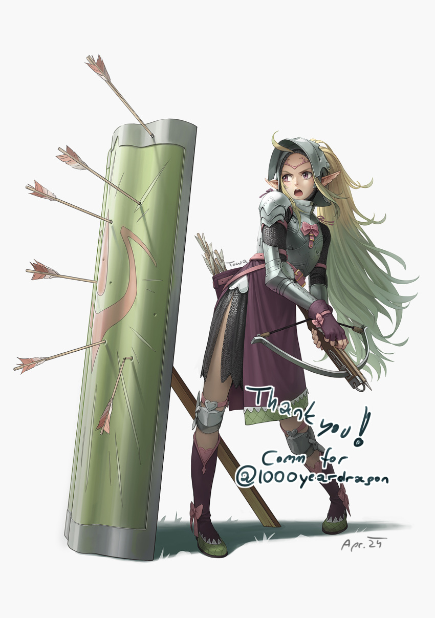 1girl alternate_costume armor armored_dress arrow_(projectile) artist_name commentary commission crossbow english_commentary fingerless_gloves fire_emblem fire_emblem_awakening gloves green_hair helmet highres holding holding_crossbow holding_weapon kazuko_(towa) long_hair nowi_(fire_emblem) open_mouth pauldrons pointy_ears ponytail purple_eyes shadow shield shoulder_armor simple_background solo thank_you weapon white_background