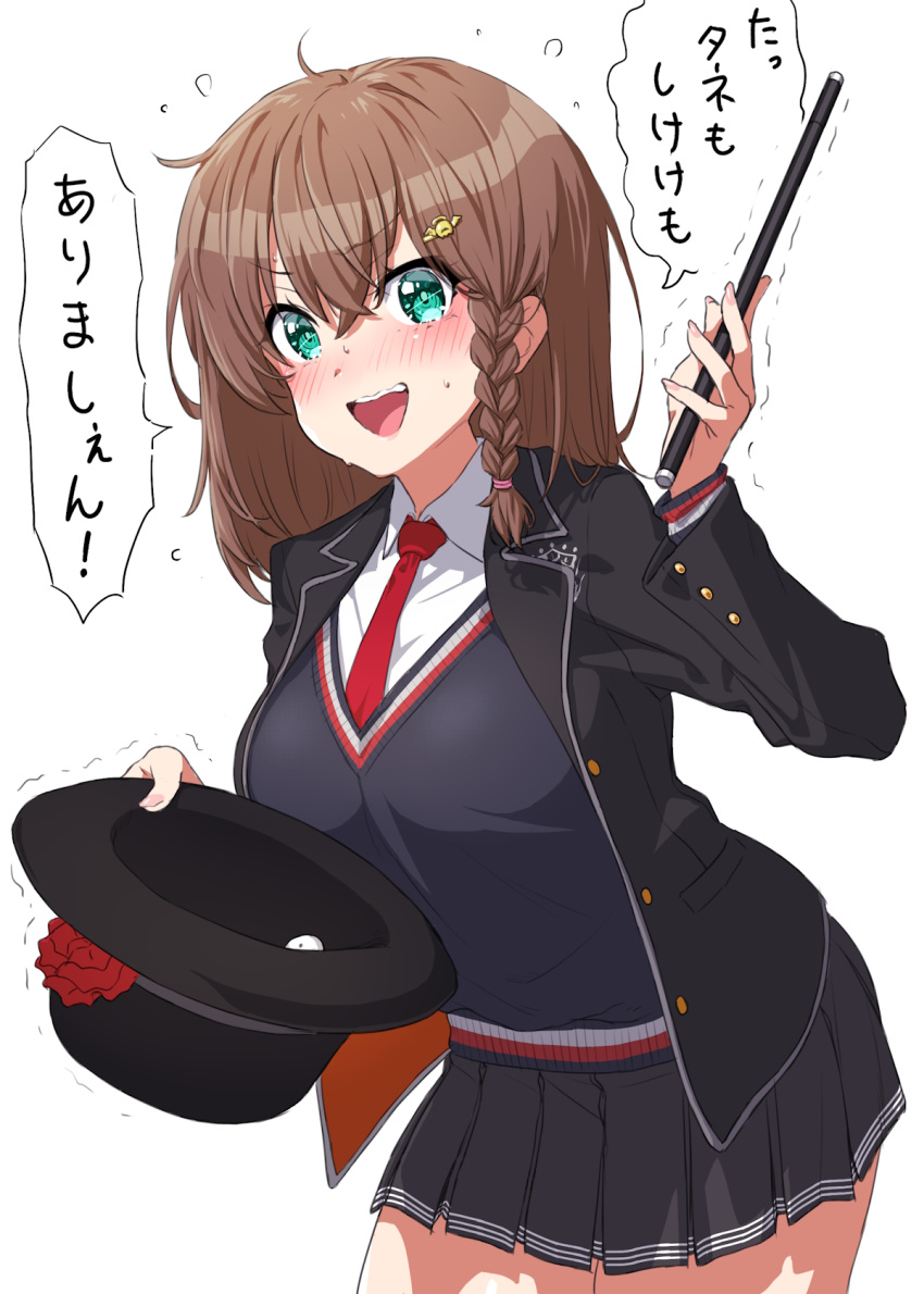 1girl black_jacket blush braid breasts brown_hair charlotte_corday_(fate) fate/grand_order fate_(series) fingernails green_eyes hat highres holding holding_clothes holding_hat holding_wand jacket large_breasts magic_trick necktie onsoku_inu pleated_skirt red_necktie school_uniform side_braid skirt trembling wand wavy_mouth white_background