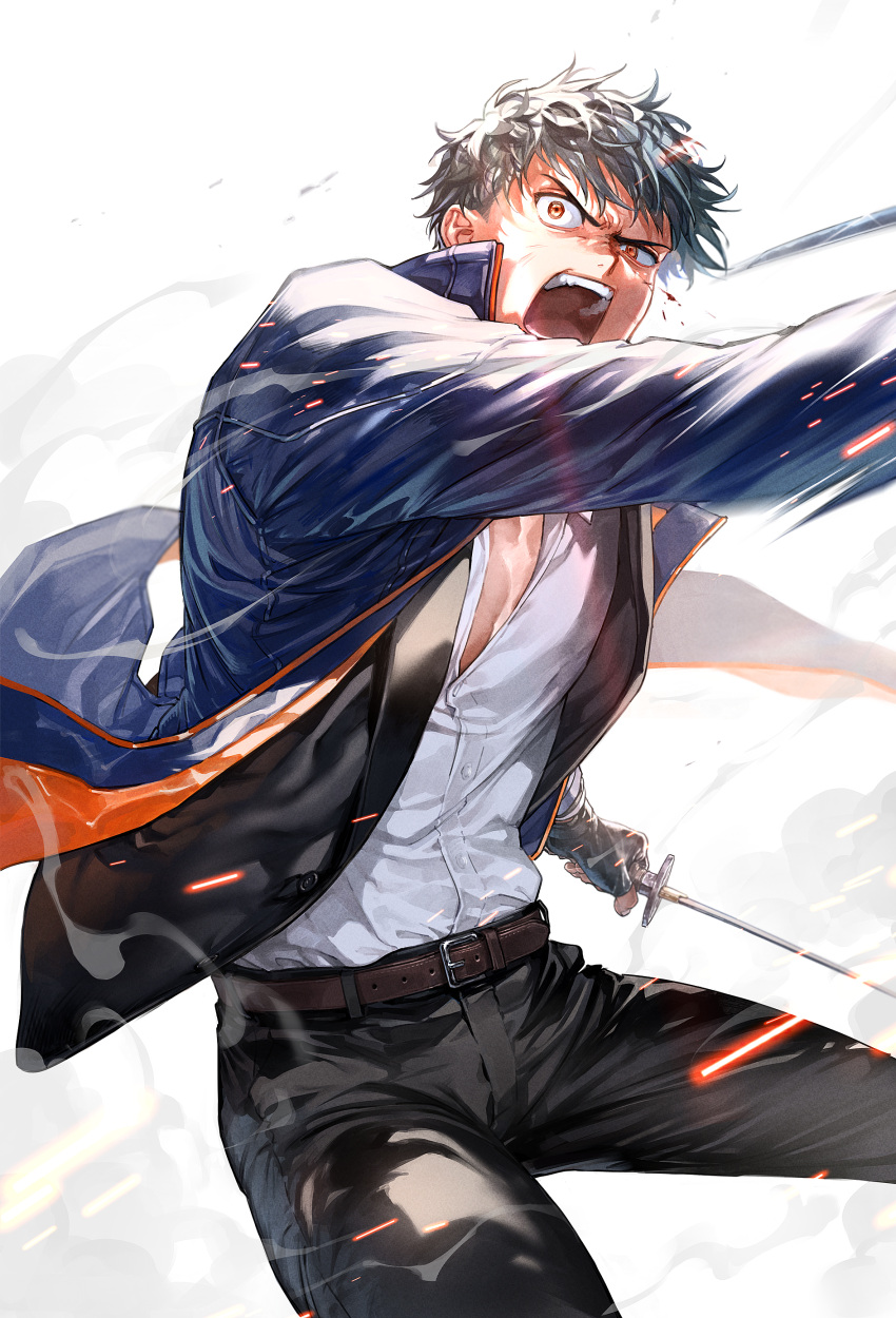 1boy absurdres belt black_suit blood blood_on_face blue_hair collared_coat fate/grand_order fate_(series) fighting formal highres holding holding_sword holding_weapon jacket katana long_sleeves male_focus pants saitou_hajime_(fate) shinsengumi shirt short_hair solo suit sword uni_(nico02) weapon