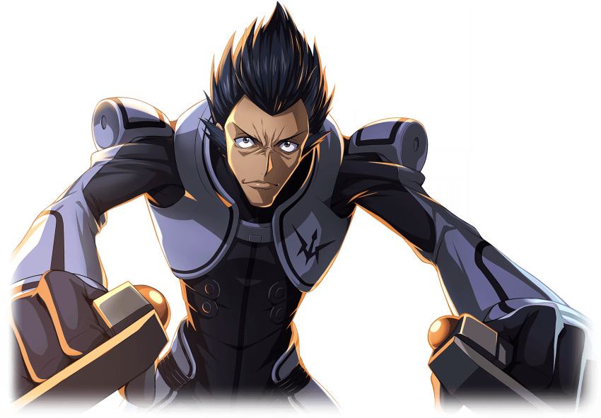 1boy armor artist_request backlighting black_bodysuit black_hair bodysuit closed_mouth code_geass code_geass:_lost_stories cropped_torso forehead furrowed_brow game_cg grey_eyes grey_vest highres leaning_forward male_focus non-web_source official_art outstretched_arms piloting serious short_hair shoulder_armor simple_background solo spiked_hair transparent_background upper_body urabe_kousetsu v-shaped_eyebrows vest
