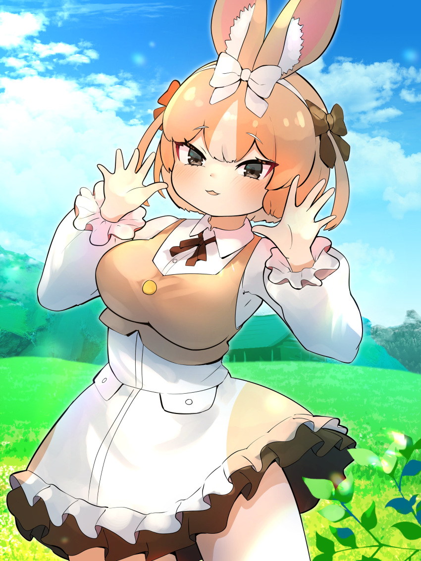 1girl :3 absurdres animal_ears blue_sky bow bowtie brown_bow brown_bowtie brown_dress brown_eyes brown_vest collared_dress cowboy_shot domestic_rabbit_(kemono_friends) dress frilled_sleeves frills grass hair_between_eyes hair_bow hawawam31677 highres kemono_friends light_brown_hair long_sleeves looking_at_viewer multicolored_hair puffy_sleeves rabbit_ears rabbit_girl sidelocks sky solo two-tone_dress two-tone_hair vest white_bow white_dress white_hair