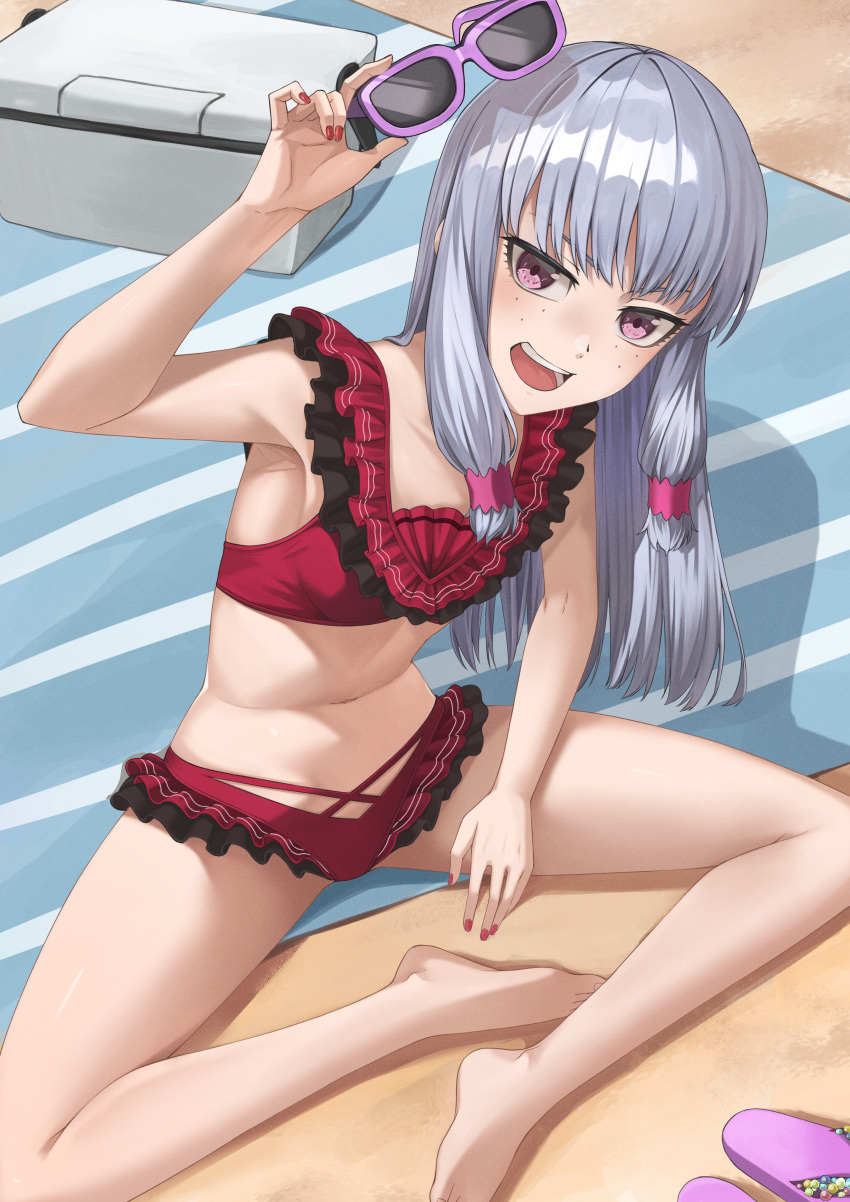 1girl absurdres agria_(tales) beach bikini blush cooler crossed_legs freckles frilled_bikini frills highres long_hair nail_polish open_mouth outdoors purple_eyes red_nails rourou_ill sand sandals sitting solo sunglasses swimsuit tales_of_(series) tales_of_the_rays tales_of_xillia white_hair