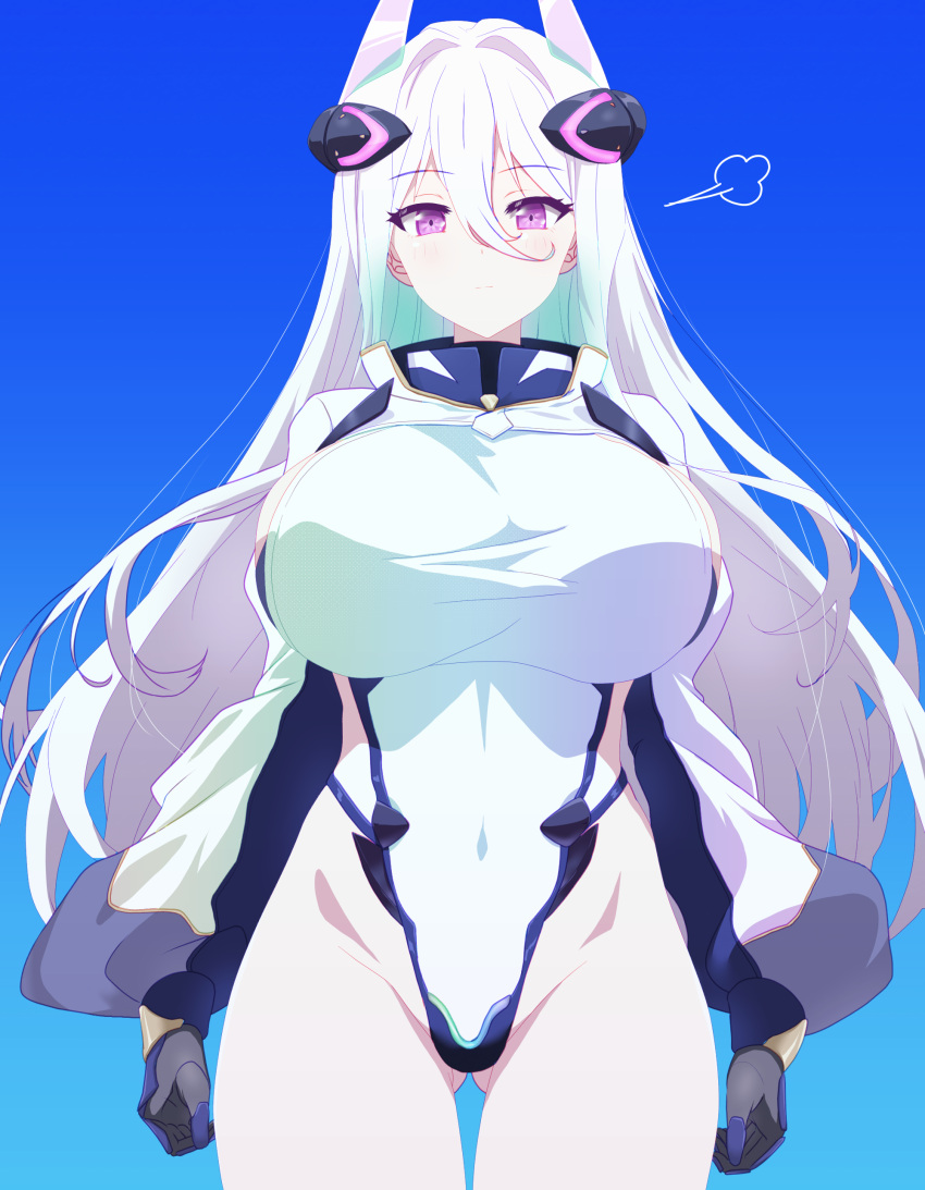 1girl absurdres aqua_pupils arbiter1 ass_visible_through_thighs azur_lane blue_background cowboy_shot expressionless hair_between_eyes highleg highleg_leotard highres impossible_clothes impossible_leotard kearsarge_(azur_lane) leotard long_bangs looking_at_viewer multicolored_leotard puff_of_air purple_leotard taut_leotard two-tone_leotard white_hair white_leotard white_shrug