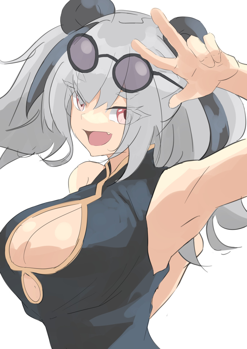 1girl absurdres animal_ears arknights armpits bare_shoulders breasts cleavage eyewear_on_head feater_(arknights) hebuchi123 highres looking_at_viewer multicolored_hair open_mouth panda_ears panda_girl red_eyes simple_background solo striped_hair two-tone_hair white_background