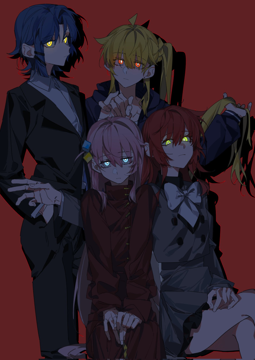 4girls ahoge arm_around_shoulder asymmetrical_hair black_jacket black_pants black_suit blonde_hair blue_eyes blue_hair blue_jacket bocchi_the_rock! bow bowtie bright_pupils closed_mouth collared_shirt commentary corrupted_twitter_file crossed_legs cube_hair_ornament dress earrings frown glowing glowing_eyes gotoh_hitori green_eyes grey_shirt grey_skirt hair_ornament hand_in_own_hair hand_in_pocket hand_on_lap highres holding_hands ijichi_nijika jacket jewelry kita_ikuyo long_hair long_sleeves looking_at_viewer molu_stranger multiple_girls pants pink_hair pleated_skirt red_background red_dress red_eyes red_hair shadow shirt short_hair side_ponytail simple_background sitting skirt stud_earrings suit suit_jacket very_long_hair white_bow white_bowtie white_pupils white_shirt white_skirt yamada_ryo yellow_eyes