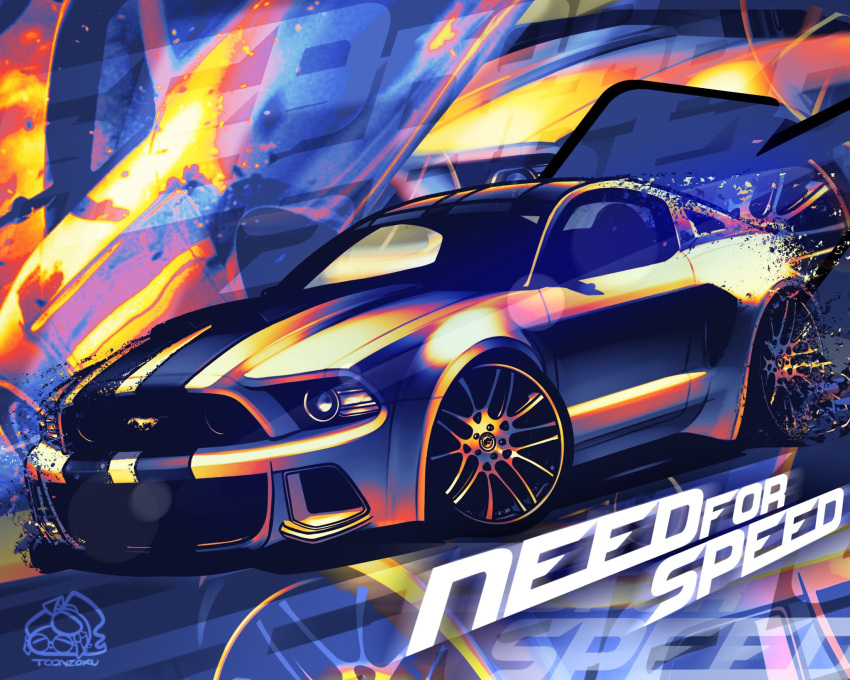 artist_name car chibi copyright_name english_commentary ford ford_mustang ford_mustang_s197 highres motor_vehicle muscle_car need_for_speed need_for_speed_(2014_film) no_humans shadow toonzoku vehicle_focus