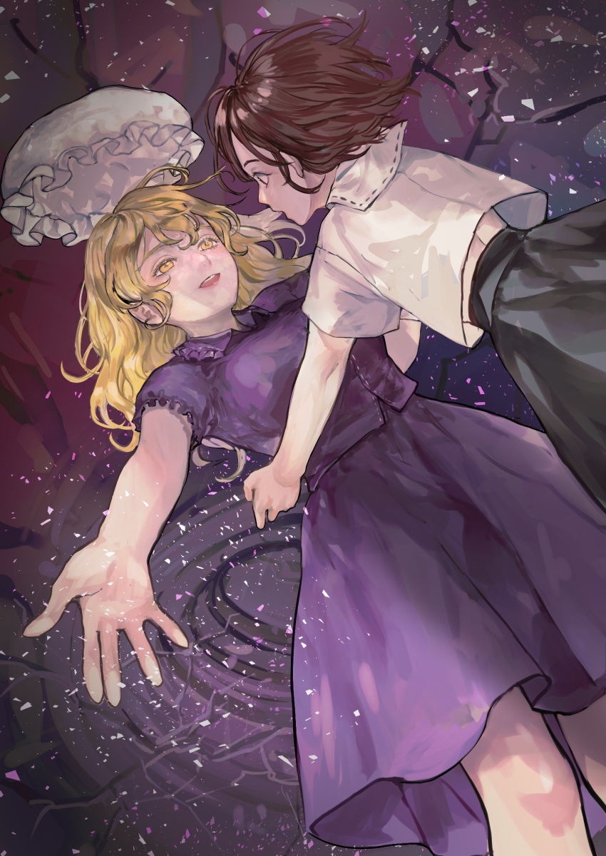 2girls black_skirt blonde_hair blouse brown_hair collared_shirt commentary_request gonglijeongli hat highres maribel_hearn medium_hair mob_cap multiple_girls puffy_short_sleeves puffy_sleeves purple_shirt purple_skirt shirt short_hair short_sleeves skirt taboo_japan_disentanglement touhou usami_renko white_hat white_shirt yellow_eyes