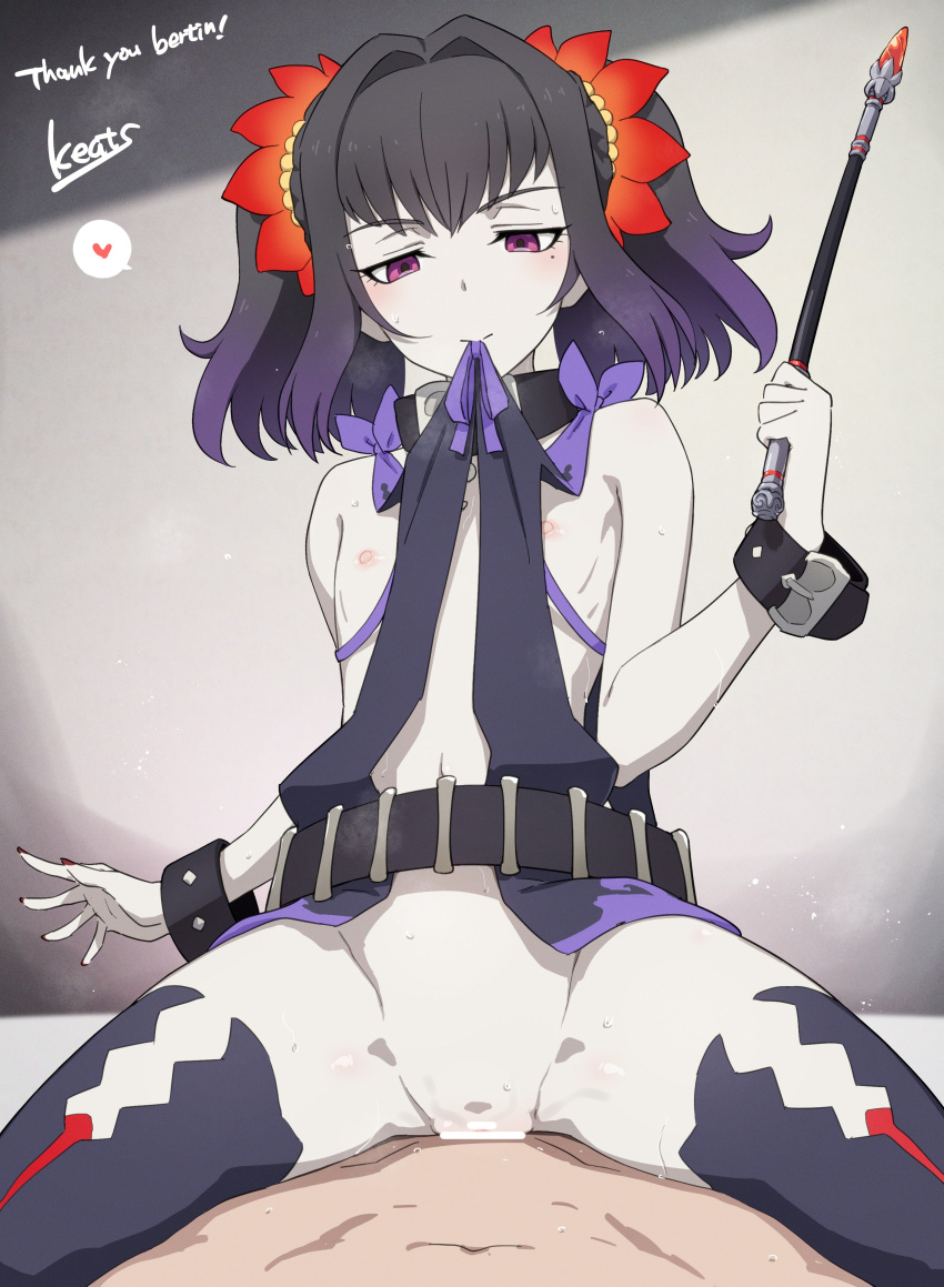 1boy 1girl absurdres belt black_choker black_hair blush bracelet braid breasts choker clothes_in_mouth commentary commission english_commentary flower hair_flower hair_ornament heart highres holding holding_weapon jewelry kiikii_(kitsukedokoro) mole mole_under_eye multicolored_hair nail_polish purple_eyes purple_hair red_nails revealing_clothes sex sideless_outfit signature small_breasts smile staff symonne_(tales) tales_of_(series) tales_of_zestiria thighhighs twintails two-tone_hair weapon