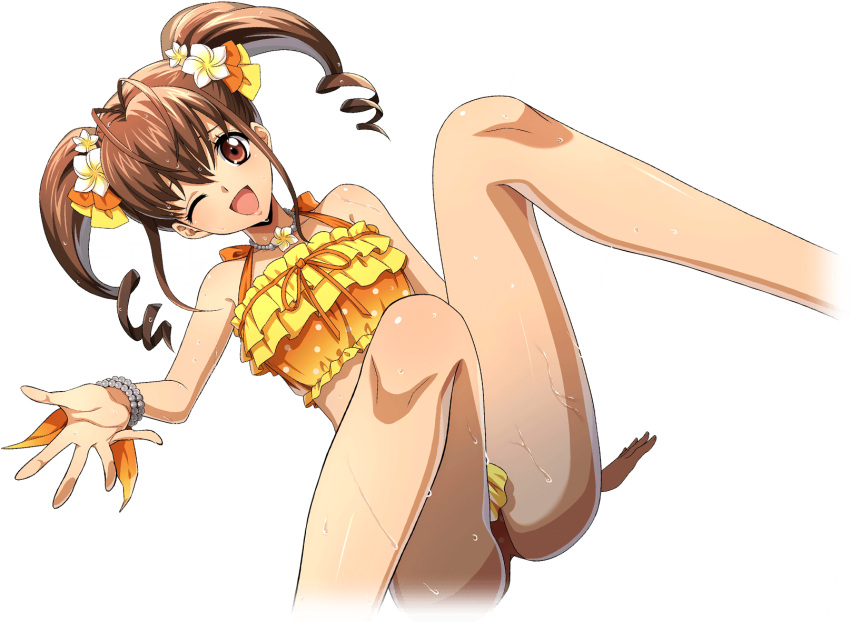 1girl akagi_benio antenna_hair arm_support artist_request bare_shoulders bead_bracelet bead_necklace beads bikini blush bracelet breasts brown_eyes brown_hair code_geass code_geass:_lost_stories collarbone cropped_legs drill_hair dutch_angle flower frilled_bikini frills game_cg hair_between_eyes hair_flower hair_ornament hand_up happy highres jewelry knees_up legs light_blush looking_at_viewer medium_hair necklace non-web_source official_art one_eye_closed open_mouth orange_bikini polka_dot polka_dot_bikini raised_eyebrows shiny_skin sidelocks simple_background sitting small_breasts smile solo spread_fingers swimsuit thighs transparent_background twin_drills twintails wet white_flower