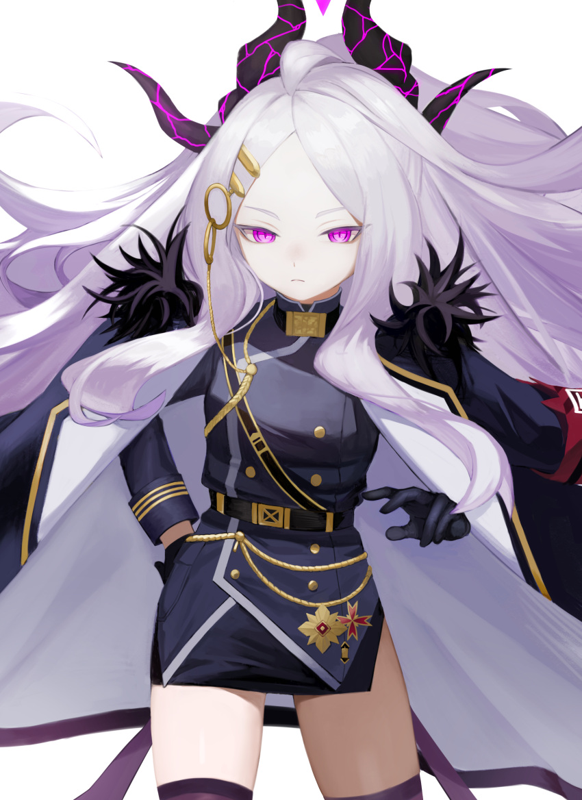 absurdres ahoge belt black_belt black_coat black_gloves black_skirt black_thighhighs blue_archive coat coat_on_shoulders demon_girl demon_horns gloves hand_on_own_hip highres hina_(blue_archive) horezai horns long_hair looking_at_viewer military_uniform miniskirt purple_eyes skirt solo thighhighs uniform very_long_hair white_background