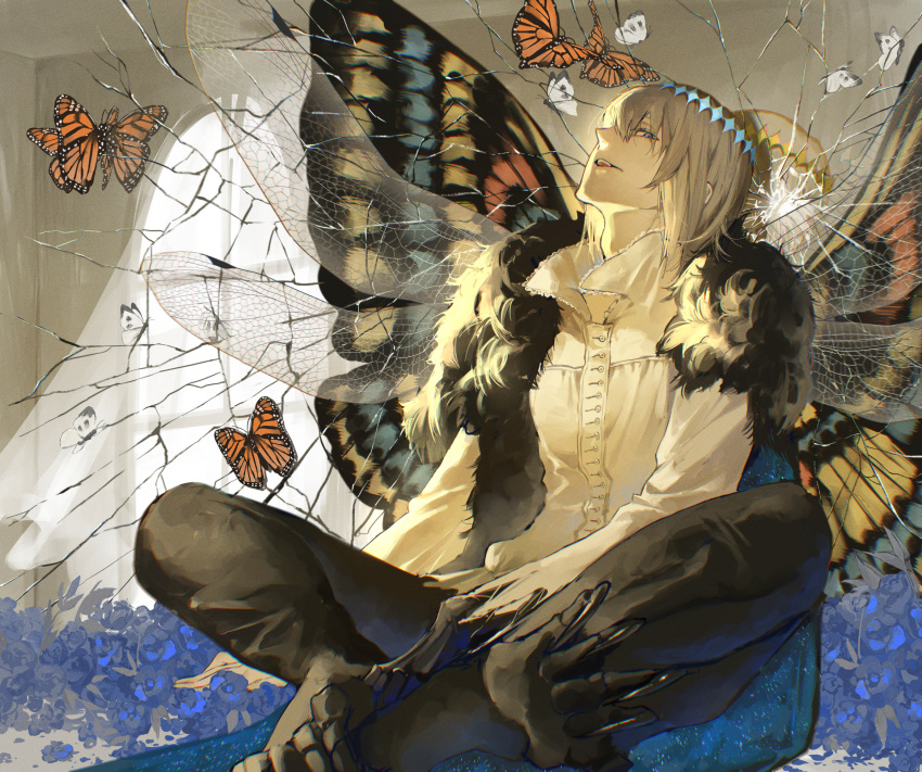 back-to-back blue_eyes blue_flower blue_rose bug butterfly butterfly_wings crack cracked_glass crown dragonfly_wings dual_persona fate/grand_order fate_(series) flower grey_hair highres insect_wings male_focus oberon_(fate) oberon_(third_ascension)_(fate) rose shirt sitting white_shirt wings zuraa_(naunau_seijin)