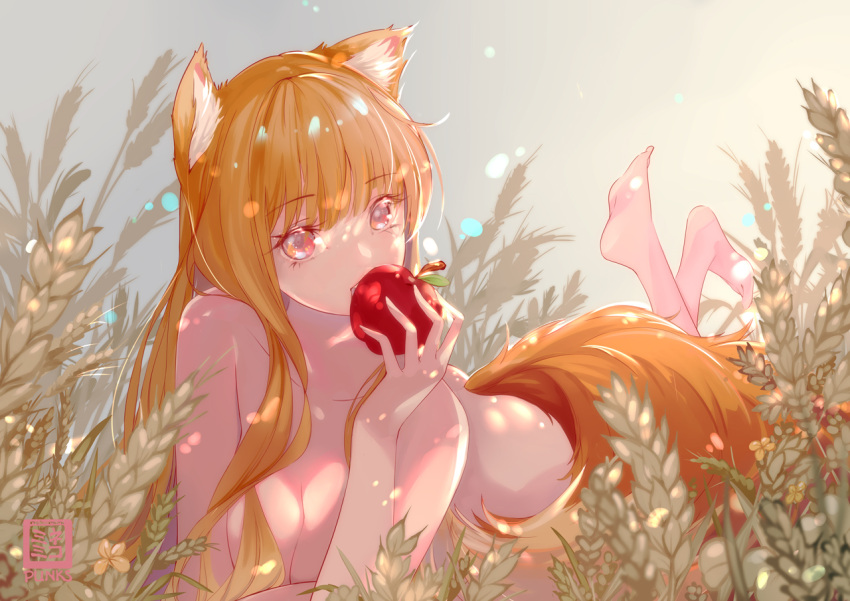 1girl animal_ear_fluff animal_ears apple arm_support ass barefoot blunt_bangs breasts brown_hair cleavage collarbone commentary_request completely_nude dappled_sunlight day eating eyelashes feet food foot_up fruit hand_out_of_frame hand_up holding holding_food holding_fruit holo light_particles long_hair looking_at_viewer lying medium_breasts nekomimipunks nude on_stomach outdoors red_eyes sidelocks signature simple_background soles solo spice_and_wolf straight_hair sunlight tail the_pose wheat wheat_field wolf_ears wolf_girl wolf_tail