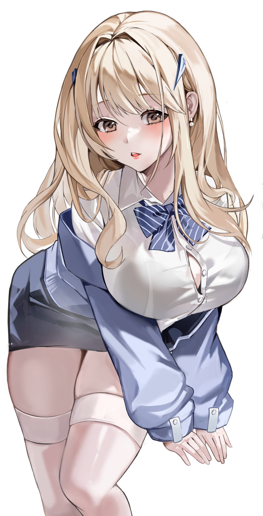1girl absurdres alternate_breast_size blonde_hair blue_bow blue_bowtie blue_cardigan blush bow bowtie breasts brown_eyes button_gap cardigan cleavage collared_shirt eyelashes goddess_of_victory:_nikke hair_intakes hair_ornament highres jewelry large_breasts long_hair looking_at_viewer parted_lips shirt skindentation skirt solo thick_thighs thighhighs thighs tia_(nikke) uniform uyuri_(89976220) white_background white_shirt