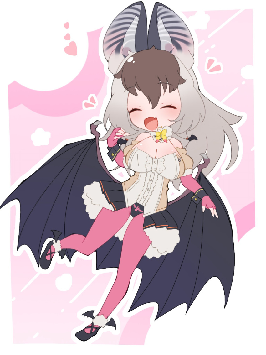 1girl animal_ears bat_ears bat_girl bat_wings brown_hair brown_long-eared_bat_(kemono_friends) elbow_gloves extra_ears fingerless_gloves gloves grey_hair heart highres kemono_friends kemono_friends_v_project leotard long_hair looking_at_viewer microphone pantyhose pink_background sarutori shoes simple_background skirt solo virtual_youtuber wings