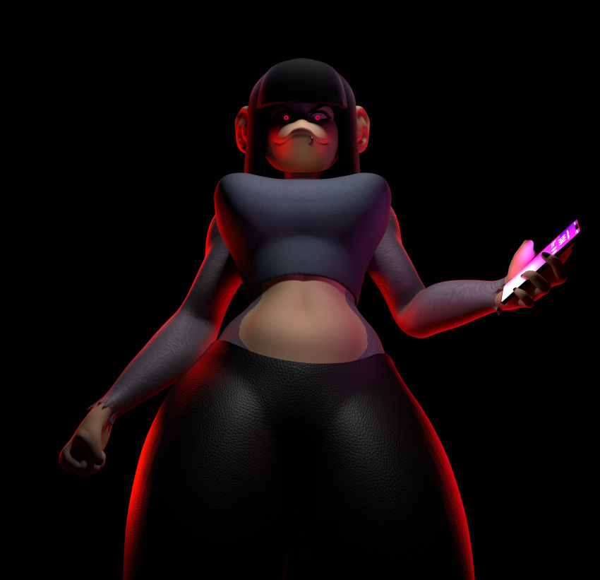 3d_(artwork) absurd_res alternative_fashion anthro beth_(redustheriotact) black_hair breasts cellphone clothing digital_media_(artwork) electronics facial_piercing female fist glowing glowing_eyes goth hair haplorhine hi_res holding_object holding_phone jewelry leggings legwear lip_piercing looking_at_viewer looking_down looking_down_at_viewer mammal medium_breasts midriff monkey phone piercing primate shirt solo tagme tank_top topwear yurisylentra