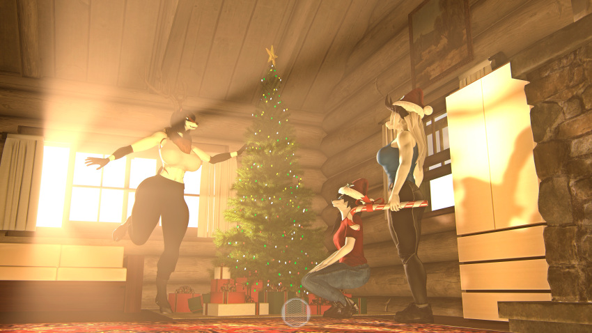 3d_(artwork) abs absurd_res anthro big_breasts big_butt big_horn breasts butt cabin canid canine canis carceri_gundyr_(ludexus) cervid christmas christmas_clothing christmas_headwear christmas_tree clothing digital_media_(artwork) female fireplace gift group hat headgear headwear hi_res holidays horn humanoid icarus_berrys_(ludexus) inside light light_beam ludexus mammal mature_female muscular muscular_anthro muscular_female navik_gundyr_(ludexus) plant santa_hat smile source_filmmaker sunbeam sunlight tree wolf
