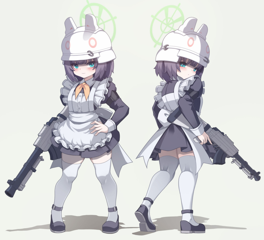 1girl alternate_costume animal_ears apron aqua_eyes back_bow black_dress black_footwear blue_archive blunt_bangs bow collared_shirt commentary dress fake_animal_ears flats frilled_apron frills from_behind fuyu_no_usagi green_halo grey_background gun halo hand_on_own_hip helmet highres holding holding_weapon juliet_sleeves light_machine_gun long_sleeves looking_at_viewer looking_back maid maid_apron multiple_views neckerchief pleated_dress puffy_sleeves purple_hair rabbit_ears saki_(blue_archive) shadow shirt short_hair sidelocks simple_background sleeve_cuffs standing tachi-e thighhighs walking weapon white_apron white_bow white_helmet white_shirt white_thighhighs yellow_neckerchief