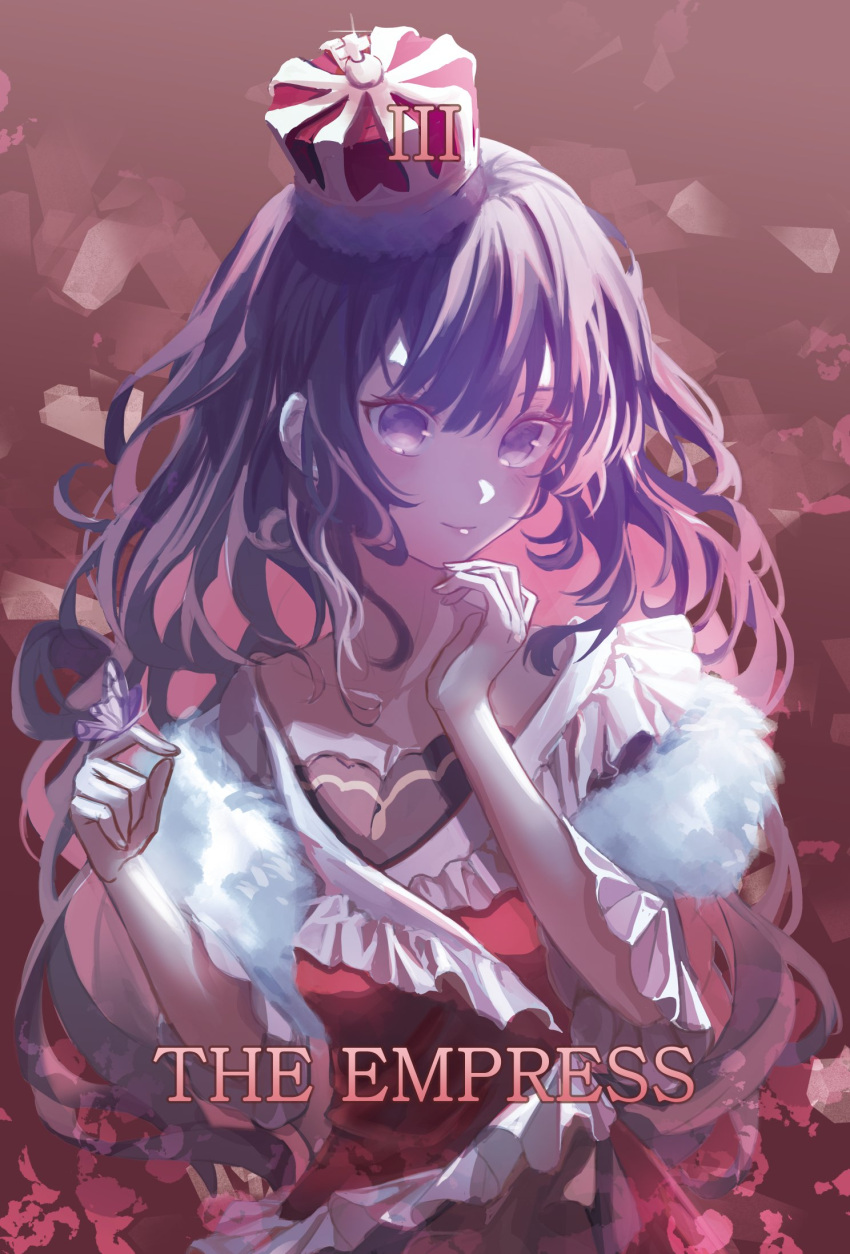 1girl black_hair blunt_bangs bug butterfly butterfly_on_hand closed_mouth crown dress feather_boa frilled_dress frills hand_on_own_chin heroine_(lovebrush_chronicles) highres korean_commentary long_hair lovebrush_chronicles purple_eyes ran_78 red_background red_dress roman_numeral short_sleeves smile solo tarot the_empress_(tarot) upper_body