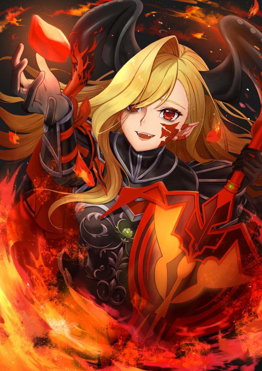 1girl absurdres armor armored_bodysuit black_armor black_bodysuit black_gloves black_horns blonde_hair bodysuit breasts cape dragon_horns facial_mark fate/grand_order fate_(series) flaming_sword flaming_weapon fur-trimmed_cape fur_trim gloves hair_over_one_eye highres horns large_breasts long_hair long_horns nero_claudius_(fate) pointy_ears queen_draco_(fate) queen_draco_(third_ascension)_(fate) red_eyes red_scales shoulder_plates smile solo user_wweg7884 wavy_hair