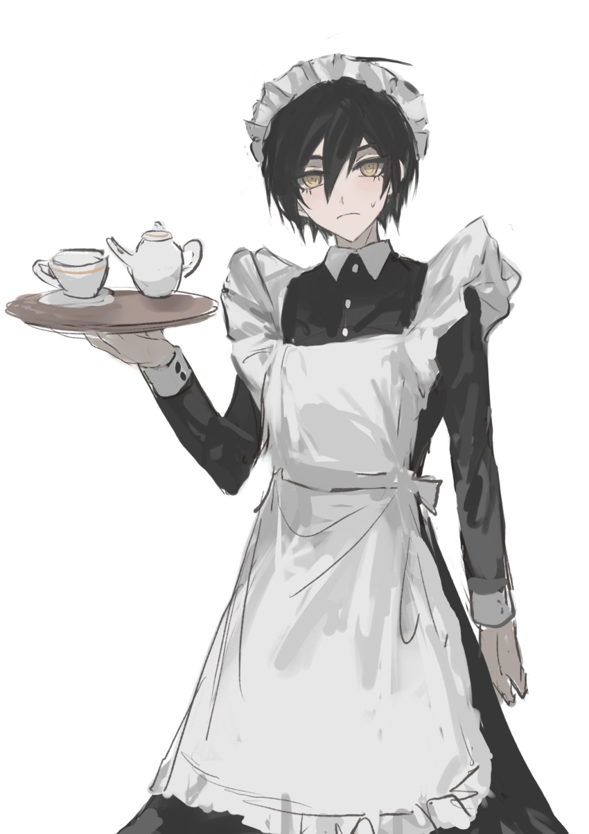 1boy alternate_costume apron black_dress brown_eyes crossdressing cup danganronpa_(series) danganronpa_v3:_killing_harmony dress enmaided feet_out_of_frame frown fu_ga_(vivi912912) highres holding holding_tray long_sleeves maid maid_apron maid_headdress saihara_shuichi simple_background solo sweat teacup tray white_background